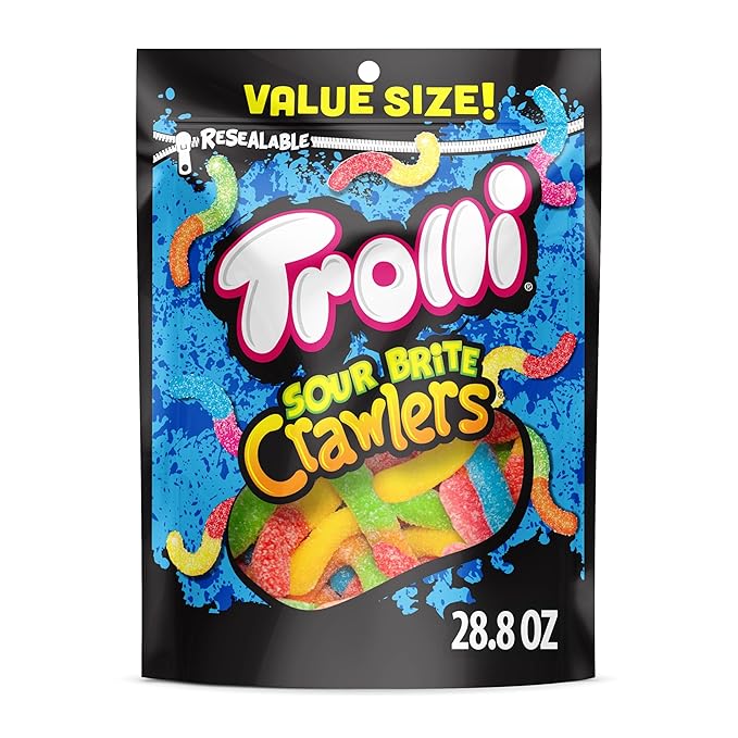 Trolli Sour Brite Crawlers, Candy, Cherry-Lemon, Strawberry-Grape & Orange-Lime, Sweet and Sour, Gummy Worms