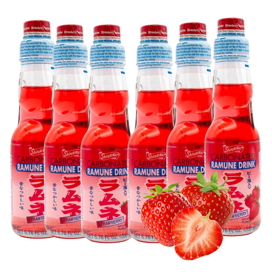 Ramune Japanese carbonated soft drink "MARBLE SODA" Fun and Nostalgia, Strawberry Flavor Pack of 6