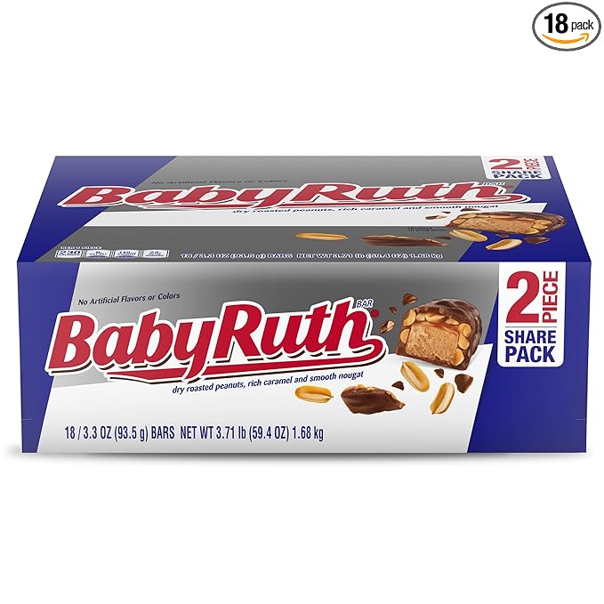 Baby Ruth, Chocolatey, Peanut, Caramel, Nougat, Share Size Individually Wrapped Candy Bars, 3.3 oz each, Bulk 18 Pack