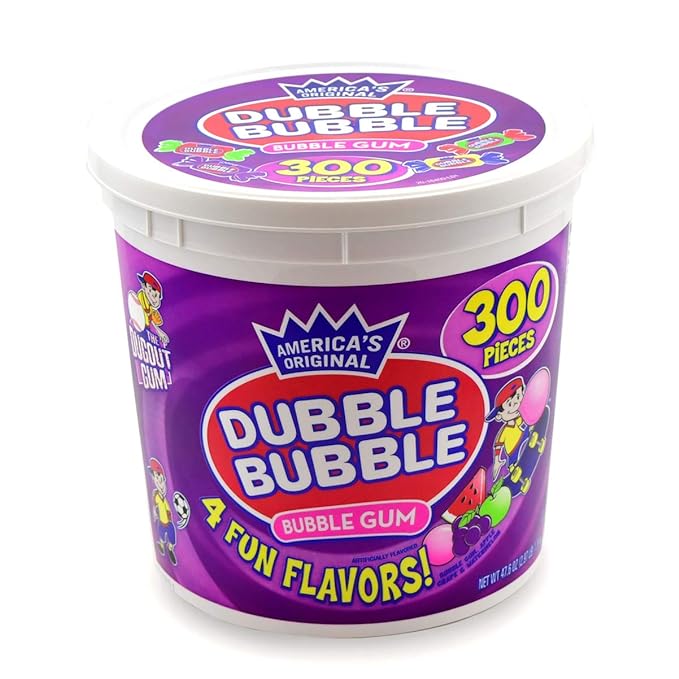 Tootsie Roll Dubble Bubble Gum - 300 Count Resealable Tub of Individually Wrapped Fruit and Bubble Gum - Original, Watermelon, Apple and Grape Flavors -