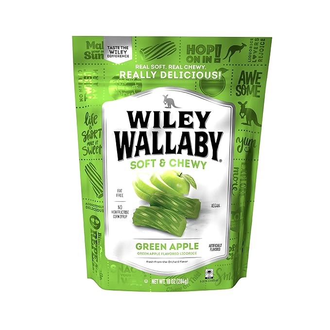 Wiley Wallaby Licorice 10 Ounce Classic Gourmet Soft & Chewy Australian Green Apple Licorice Candy Twists, 1 Pack