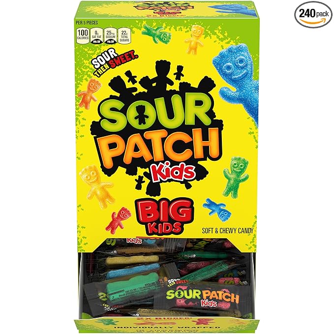 SOUR PATCH KIDS Big Individually Wrapped Soft & Chewy Candy, Bulk Candy, 240 Count Box