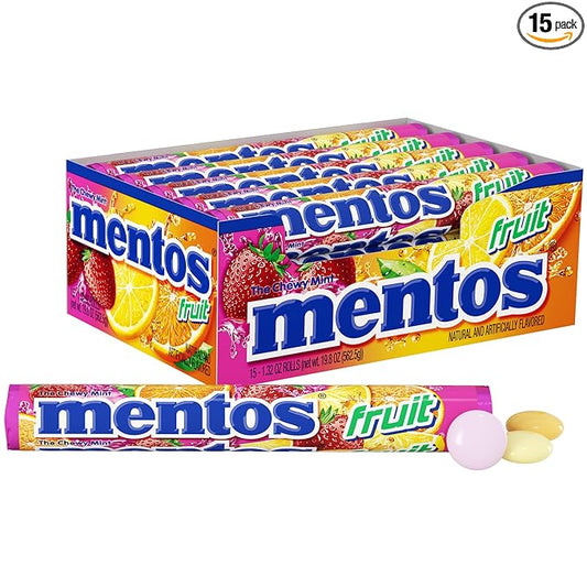 Mentos  Mint Chewy Roll, Fruit, Individually Wrapped Bulk Candy (Pack of 15)